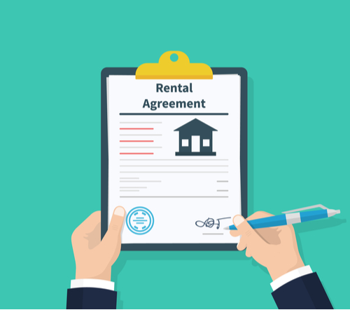 Man hold Rental agreement form contract. Clipboard in hand. Signing document. Flat design, vector illustration on background