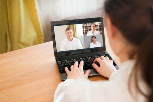 online conference. Businesswoman using laptop making video call to business partner. Home office. Group of people smart working from home.